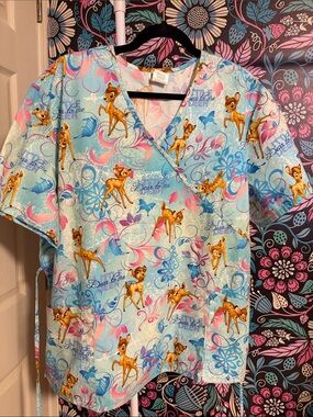 Disney Bambi Print Scrub Top - Light Blue, Pink, Yellow